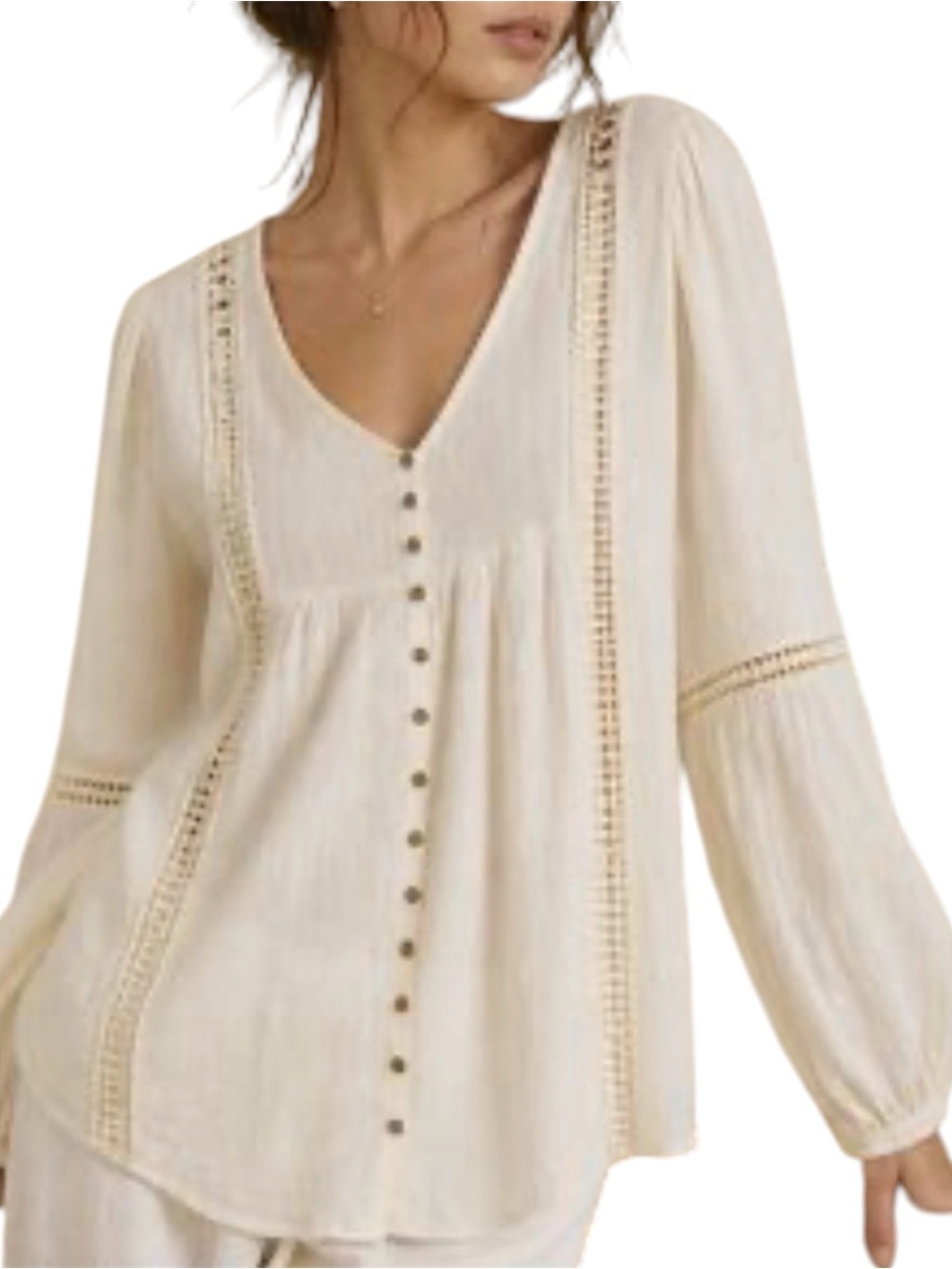 Knox Rose Ivory Cream Button Front Lace Trim Babydoll Tunic Blouse - XXL - NEW